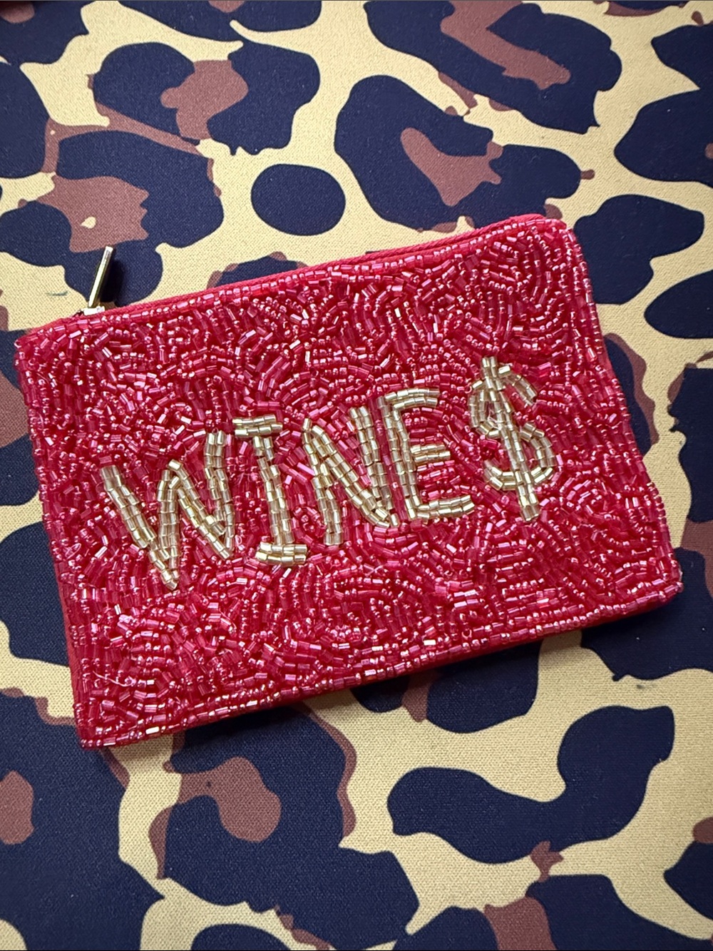 Beaded 'WINE$' Zip Pouch